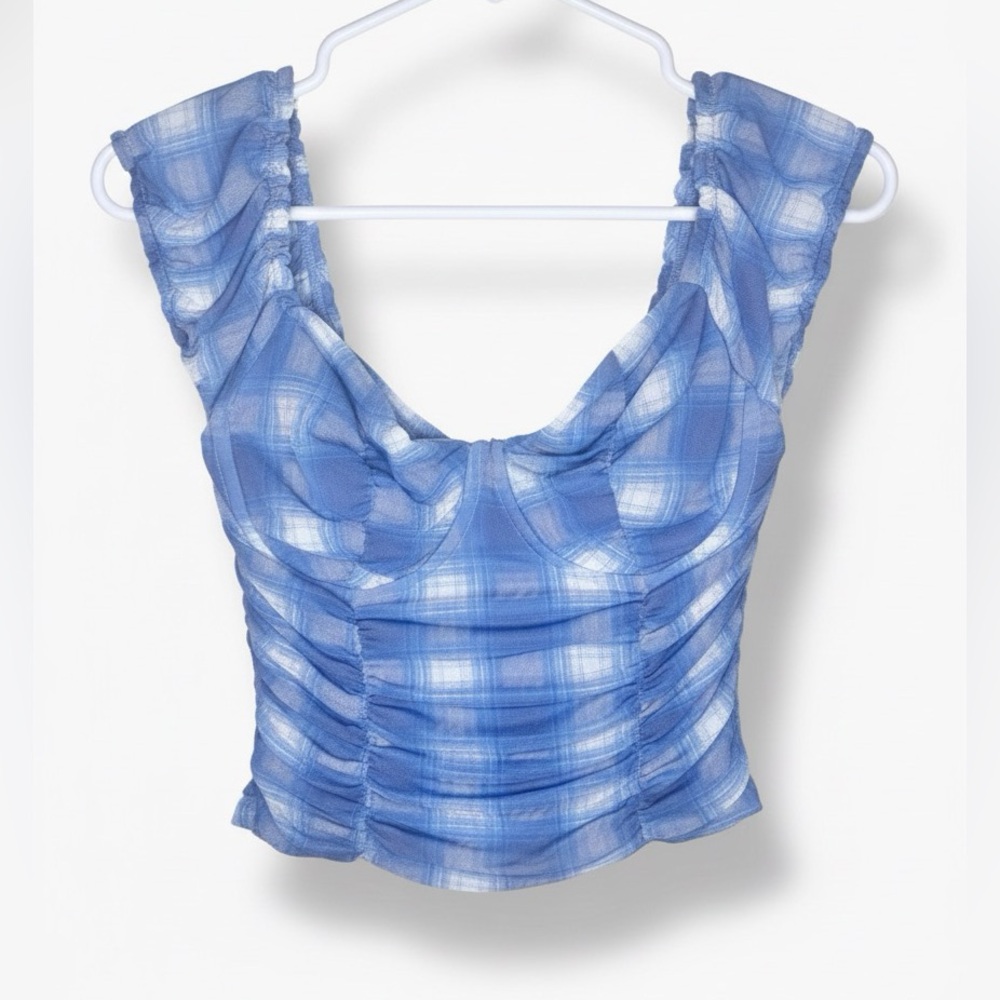 JUST POLLY Women’s Scrunched Sheer Gingham Cottagecore Crop Top